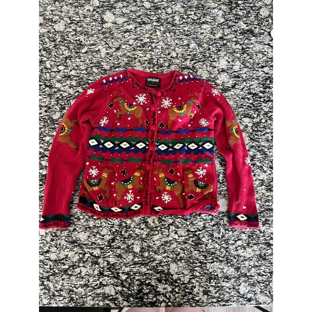 Vintage Designers Originals Studio Cardigan Sweater Women Red Reindeer Snowflake